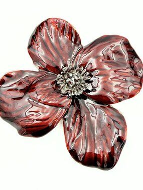 Erwin Pearl Signed Cranberry Red Enamel Poppy Dogwood Flower Brooch